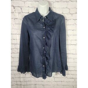 Tory Burch Navy Blue Ruffle Blouse Lightweight Semi Sheer Size 4